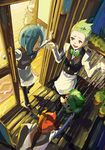  ajiko_ajio apron bad_id bad_pixiv_id blue_hair bow bowtie brothers corn_(pokemon) dent_(pokemon) door from_above gen_5_pokemon green_eyes green_hair gym_leader hair_over_one_eye highres male_focus multiple_boys pansage pod_(pokemon) pokemon pokemon_(creature) pokemon_(game) pokemon_bw red_hair siblings smile waiter 