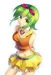  bad_id bad_pixiv_id bison_cangshu goggles goggles_on_head green_eyes green_hair gumi looking_at_viewer midriff navel short_hair simple_background skirt smile solo vocaloid 