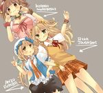  :3 :q \m/ blonde_hair brown_eyes brown_hair futaba_anzu hair_ornament height_difference idolmaster idolmaster_cinderella_girls jougasaki_rika moroboshi_kirari multiple_girls school_uniform shikino_yuki star star_hair_ornament tongue tongue_out 