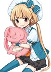  blonde_hair blue_legwear blush brown_eyes futaba_anzu hat hug idolmaster idolmaster_cinderella_girls long_hair midorikawa_you smile solo stuffed_animal stuffed_bunny stuffed_toy thighhighs twintails very_long_hair 