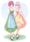  2girls alternate_costume breasts clair_lasbard cleavage commentary_request dirndl german_clothes high_heels highres long_hair looking_at_viewer multiple_girls nel_zelpher purple_eyes red_hair short_hair smile star_ocean star_ocean_till_the_end_of_time 