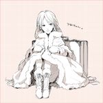  alternate_costume boots coat fur_trim long_hair looking_at_viewer mawaru_penguindrum mittens monochrome polka_dot polka_dot_background sitting solo spot_color suitcase takakura_himari winter_clothes yu-tan 