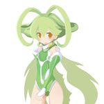  antenna_hair ar_tonelico ar_tonelico_ii blush detached_sleeves flat_chest frelia green_hair green_leotard green_wings highres leotard long_hair looking_at_viewer sai_(bankoru) solo wings yellow_eyes 