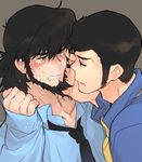  arsene_lupin_iii bad_id bad_pixiv_id beard black_eyes black_hair black_neckwear blush facial_hair jigen_daisuke lupin_iii male_focus multiple_boys necktie tears toujou_sakana yaoi yellow_neckwear 