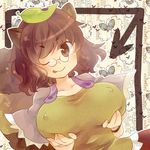  animal_ears breast_hold breasts brown_eyes brown_hair covered_nipples directional_arrow futatsuiwa_mamizou glasses large_breasts leaf leaf_on_head one_eye_closed pince-nez raccoon_ears raccoon_tail sen1986 short_hair solo tail tongue tongue_out touhou upper_body 