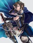  armor blue_eyes brown_hair cape fingerless_gloves gloves highres metalinu sangoku_musou short_hair solo sword wang_yi weapon 