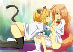  alice_margatroid all_fours animal_ears black_legwear blonde_hair bloomers bloomers_pull blush bow braid cat_ears cat_tail dog_ears dog_tail ema20 eye_contact finger_sucking flat_chest hair_bow kemonomimi_mode kirisame_marisa long_hair looking_at_another multiple_girls navel no_hat no_headwear no_pants open_clothes open_shirt orange_hair panties pink_panties shirt short_hair single_braid socks tail thighhighs thighs touhou underwear white_legwear yellow_eyes yuri 