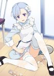  be_with_hiroshi_uniform blue_hair blush chair cup fallen_down fin_e_ld_si_laffinty flower from_above glass hair_flower hair_ornament ice ice_cube looking_at_viewer mary_janes panties pantyshot pantyshot_(sitting) purple_eyes rinne_no_lagrange saipaco see-through shoes sitting solo spill sweat thighhighs tray underwear waitress wet white_legwear white_panties 