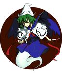  blood capelet dress ghost_tail green_eyes green_hair hat highly_responsive_to_prayers hiseki_(tknkkm) knife long_hair mima one_eye_closed ribbon sailor_dress simple_background smile solo touhou touhou_(pc-98) wings 