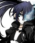  beniboshi bikini_top black_hair black_rock_shooter black_rock_shooter_(character) blue_eyes blue_fire fire hair_over_one_eye hood hoodie long_hair solo twintails upper_body 