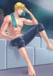  1boy blonde_hair cliff_fittir commentary_request feet highres male_focus muscle solo space star_ocean star_ocean_anamnesis star_ocean_till_the_end_of_time towel 