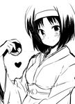  blush erika_(pokemon) greyscale hairband heart holding holding_poke_ball monochrome nakamura_sandayo poke_ball poke_ball_(generic) pokemon pokemon_(game) pokemon_hgss simple_background smile solo white_background 