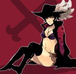  bikini black_hair boots brown_eyes cross dracule_mihawk feathers female genderswap hat jacket jewelry navel necklace one_piece shorts sitting swimsuit 