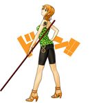  ass hand_on_hip high_heels looking_back nami_(one_piece) one_piece orange_hair shoes shorts solo staff suyu38 tank_top tattoo 