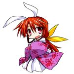  animal_ears bunny_ears bunny_tail chibi hair_ribbon hemogurobin_a1c japanese_clothes kemonomimi_mode kimono kotohime long_hair ponytail red_eyes red_hair ribbon simple_background solo tail touhou touhou_(pc-98) white_background 