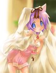  animal_ears anna_miller blanket blue_eyes cat_ears cleavage_cutout highres hiiragi_tsukasa lucky_star nyanmilla purple_hair short_hair solo waitress 