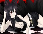  ahri animal_ears bad_id bad_pixiv_id belt black_gold_saw black_gold_saw_(cosplay) black_hair black_rock_shooter breasts cleavage cosplay facial_mark fox_ears fox_tail highres large_breasts league_of_legends long_hair multiple_tails navel purple_mii red_eyes scar short_shorts shorts solo star tail whisker_markings 