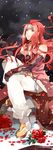  absurdres bad_id bad_pixiv_id coat flower full_body gloves green_eyes headband highres kamokasa long_hair male_focus pants red_flower red_hair red_rose rose shoes sitting solo tales_of_(series) tales_of_symphonia zelos_wilder 