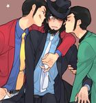  arsene_lupin_iii bad_id bad_pixiv_id beard black_eyes black_hair black_jacket blush dual_persona facial_hair green_jacket hat jacket jigen_daisuke lupin_iii male_focus multiple_boys necktie red_jacket tongue toujou_sakana white_neckwear yaoi yellow_neckwear 