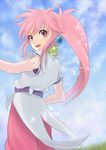  arche_klein bad_id bad_pixiv_id blue_background earrings eiri_(gb-delta) jewelry long_hair pants pink_eyes pink_hair pink_pants ponytail smile solo tales_of_(series) tales_of_phantasia 