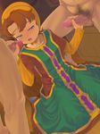  blush brown_hair censored dragon_quest dragon_quest_vii female flat_chest group_sex handjob highres long_hair maribel messy_hair nude saikyou_anaheim sweat 