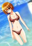  beach bikini blush breasts brown_hair checkered checkered_bikini cleavage front-tie_top light_smile masaki_(sibamasa) medium_breasts navel original red_eyes short_hair solo swimsuit wading 