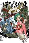  2012 blue-eyes_toon_dragon daruma_doll duel_monster green_hair highres mizuki_kotori_(yuu-gi-ou_zexal) multicolored_hair new_year sandals shimekazari smile suyu38 two-tone_hair waving yuu-gi-ou yuu-gi-ou_zexal 