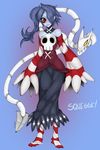  1girl blue_skin blush character_name corset detached_sleeves dress frown hair_over_one_eye leviathan_(skullgirls) long_hair monster_girl ponytail purple_hair red_eyes scar side_ponytail skull skullgirls slugbox solo squiggly_(skullgirls) squigly_(skullgirls) stitches striped striped_legwear zombie 