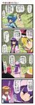 4koma :&lt; alice_margatroid apron black_dress blonde_hair blue_dress blue_eyes blue_hair capelet closed_eyes coat comic crescent dei_shirou dress forest hair_bobbles hair_ornament hairband hat hat_ribbon highres kawashiro_nitori kirisame_marisa long_hair multiple_girls nature open_mouth patchouli_knowledge path purple_eyes purple_hair ribbon road short_hair smile striped striped_dress touhou translated two_side_up witch_hat yellow_eyes 