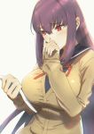  absurdres bangs blush book breasts commentary_request ear_blush eyebrows_visible_through_hair fate/grand_order fate_(series) fingernails hand_to_own_mouth highres holding holding_book kujuu_shikuro large_breasts long_hair long_sleeves looking_down purple_hair red_eyes red_ribbon ribbon sailor_collar scathach_(fate)_(all) scathach_skadi_(fate/grand_order) school_uniform serafuku sweater white_background 