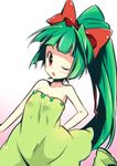  arm_behind_back blush bow chikorita dress gen_2_pokemon gradient gradient_background green_hair hair_bow long_hair nakamura_sandayo one_eye_closed personification pokemon ponytail red_eyes ribbon solo 