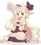  blonde_hair blush bow hands_clasped hat hat_bow long_hair mushroom nakamura_sandayo original own_hands_together personification simple_background sitting skirt solo thighhighs wariza white_background yellow_eyes 