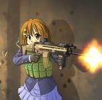  aiming assault_rifle blush bullet_hole casing_ejection eotech firing fn_scar gloves gun hirasawa_yui holding holding_gun holding_weapon k-on! load_bearing_vest magazine_(weapon) muzzle_flash rifle school_uniform shell_casing short_hair skirt smoke solo suupii vertical_foregrip weapon 