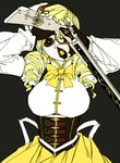 bad_id bad_pixiv_id blonde_hair bow breasts corset creepy_eyes drill_hair fingerless_gloves gloves gun hair_ornament large_breasts magical_girl magical_musket mahou_shoujo_madoka_magica rifle solo soul_gem tomoe_mami twin_drills twintails weapon 
