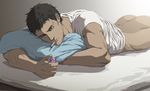  ass bed black_hair bottomless cigarette dark_skin dark_skinned_male doujima_ryoutarou facial_hair gb_(doubleleaf) grey_eyes lighter lighting_cigarette lying male_focus muscle on_bed on_stomach one_eye_closed persona persona_4 pillow shirt solo stubble tired 