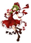  bad_id bad_pixiv_id boots bow cross-laced_footwear dress frills front_ponytail full_body green_eyes green_hair hair_bow kagiyama_hina kinakomoti leaf maple_leaf ribbon simple_background smile solo touhou wrist_ribbon 