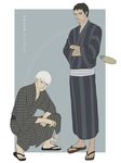  black_eyes black_hair doujima_ryoutarou facial_hair fan fish gb_(doubleleaf) grey_eyes japanese_clothes kimono looking_at_viewer male_focus multiple_boys narukami_yuu persona persona_4 sandals squatting standing translation_request white_hair 
