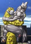  anal_penetration anthro balls bomb_(artist) canine censored cum feline gay hug male mammal muscles nude pain penetration penis stand_and_carry_position standing sweat tiger wolf 