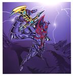  absurdres armor blue buster_blader duel_monster helmet highres lightning no_humans sword takahashi_kazuki weapon yu-gi-oh! 