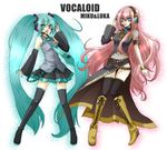  aqua_eyes aqua_hair blue_eyes boots bracelet character_name cross-laced_footwear detached_sleeves hatsune_miku headset jewelry knee_boots lace-up_boots long_hair megurine_luka multiple_girls naga_(pixiv) navel open_mouth simple_background skirt thigh_boots thighhighs twintails very_long_hair vocaloid white_background 