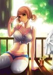  arm_support bad_id bad_pixiv_id brown_hair condensation crop_top drink drinking_straw earrings fan fiodo food front-tie_top fruit green_eyes hair_ornament hairclip jewelry lemon midriff nail_polish navel open_fly original popsicle shirt short_hair short_shorts shorts solo thighhighs tied_shirt unzipped zipper 