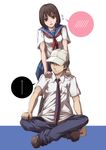  1boy 1girl baseball_cap brown_eyes brown_hair danshi_koukousei_no_nichijou habara_(danshi_koukousei) hat karasawa_toshiyuki necktie pen scar school_uniform short_hair sitting striped striped_neckwear sumi_(joker) trembling 