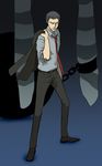  black_hair cigarette doujima_ryoutarou facial_hair formal gb_(doubleleaf) jacket_over_shoulder male_focus necktie pants persona persona_4 serious shoes smoking solo standing suit 