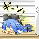  blue_hair chibi food fruit hat highres hinanawi_tenshi leaf long_hair open_mouth peach skirt sliding solo speed_lines touhou wakagi_repa 