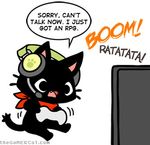  bandanna black black_fur cat celesse controller english_text feline fur gamer_cat gamercat gaming headset mammal microphone television text 