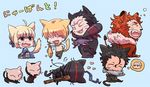  6+boys animal_ears armor artoria_pendragon_(all) assassin_(fate/zero) bad_id bad_pixiv_id berserker_(fate/zero) biting caster_(fate/zero) cat_ears chibi fang fate/zero fate_(series) fish gilgamesh heart kayneth_el-melloi_archibald kemonomimi_mode lancer_(fate/zero) lion_ears mask multiple_boys mwgi rider_(fate/zero) saber whiskers wood 