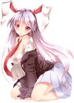  absurdres all_fours animal_ears arm_support bare_shoulders between_legs blazer breasts bunny_ears bunny_tail cleavage dabadhi highres jacket legs_folded long_hair medium_breasts miniskirt monochrome necktie nikka_(cryptomeria) no_bra open_mouth pleated_skirt purple_hair red_eyes reisen_udongein_inaba shirt simple_background skirt sleeves_past_wrists solo tail touhou unbuttoned v_arms very_long_hair white_background white_shirt 