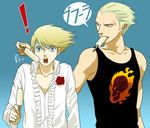  :o barbell_piercing blonde_hair blue_eyes food gb_(doubleleaf) kuma_(persona_4) male_focus multiple_boys muscle nose_piercing open_mouth persona persona_4 piercing popsicle scar shirt simple_background skull sleeveless sleeveless_shirt standing surprised tatsumi_kanji translated 