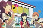  :p amagi_yukiko bangs black_eyes black_hair blunt_bangs blush brain_freeze brown_eyes brown_hair building closed_eyes earrings eating flinch food hairband highres ice_cream jewelry kujikawa_rise long_hair multiple_girls official_art persona persona_4 popsicle red_hair satonaka_chie scan school_uniform serafuku short_hair sky smile sogabe_shuuji tongue tongue_out twintails 