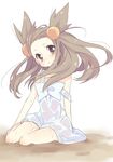  brown_eyes brown_hair dress hair_bobbles hair_ornament long_hair mikan_(pokemon) nakamura_sandayo pokemon pokemon_(game) pokemon_gsc see-through simple_background solo sweat two_side_up white_background 